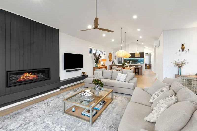 Modular homes interior fireplace and lounge